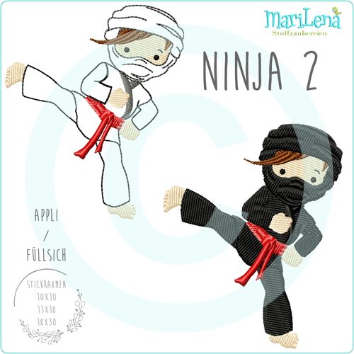 Ninja 2 redwork, filled or appliqué design