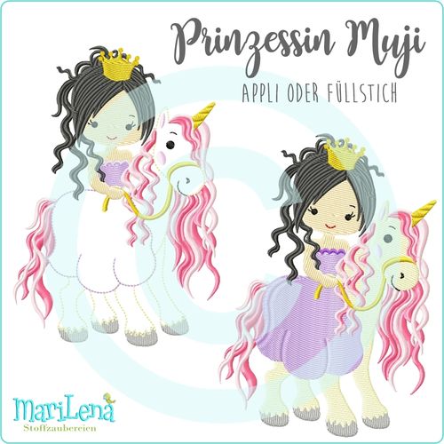 Prinzessin Muji auf Einhorn Füllstich / Applikation / Redwork