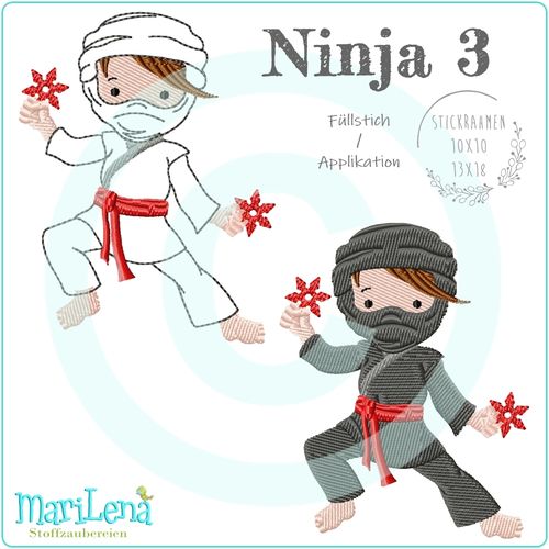 Ninja 3 redwork, filled or appliqué design