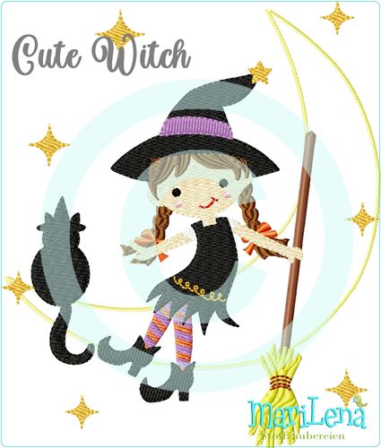 Kleine Hexe "Cute Witch"  Füllstich / Applikation / Redwork