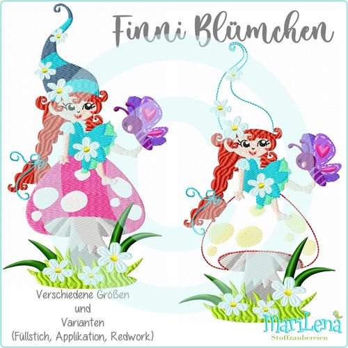 ♥ Finni Blümchen auf Pilz ♥  Füllstich / Applikation / Redwork