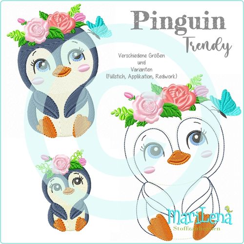 ♥ Penguin Trendy  ♥  redwork, filled or appliqué design